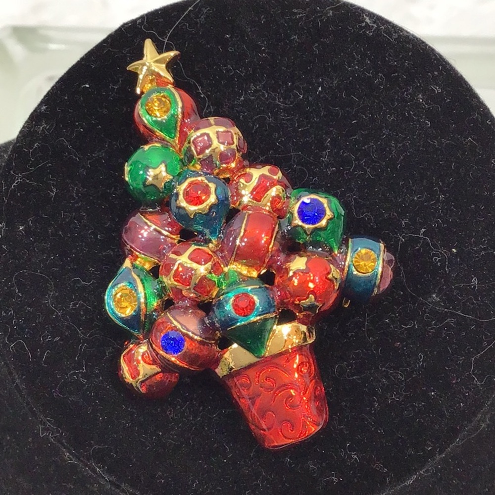 Christopher Radko signed Christmas tree brooch pin vintage